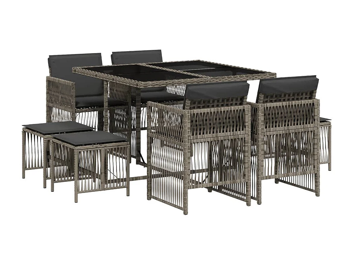 Ensemble à manger de jardin 9 pcs coussins gris résine tressée