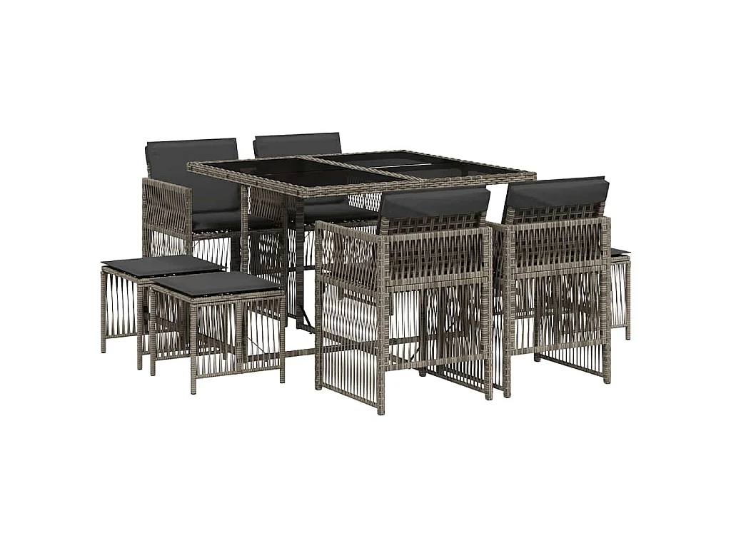 Set da Pranzo da Giardino 9 pz con Cuscini in Polyrattan Grigio