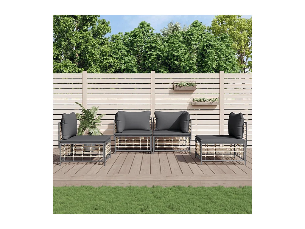 Salon de jardin 4 pcs avec coussins anthracite résine tressée
