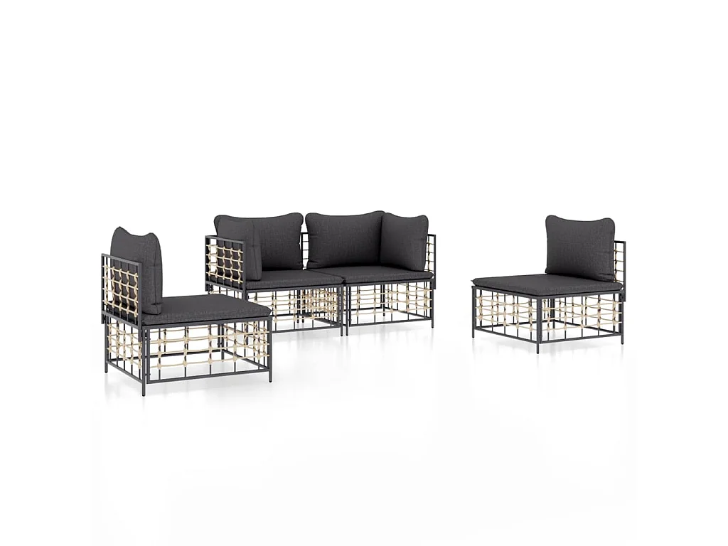 4-tlg. Garten-Lounge-Set mit Kissen Anthrazit Poly Rattan
