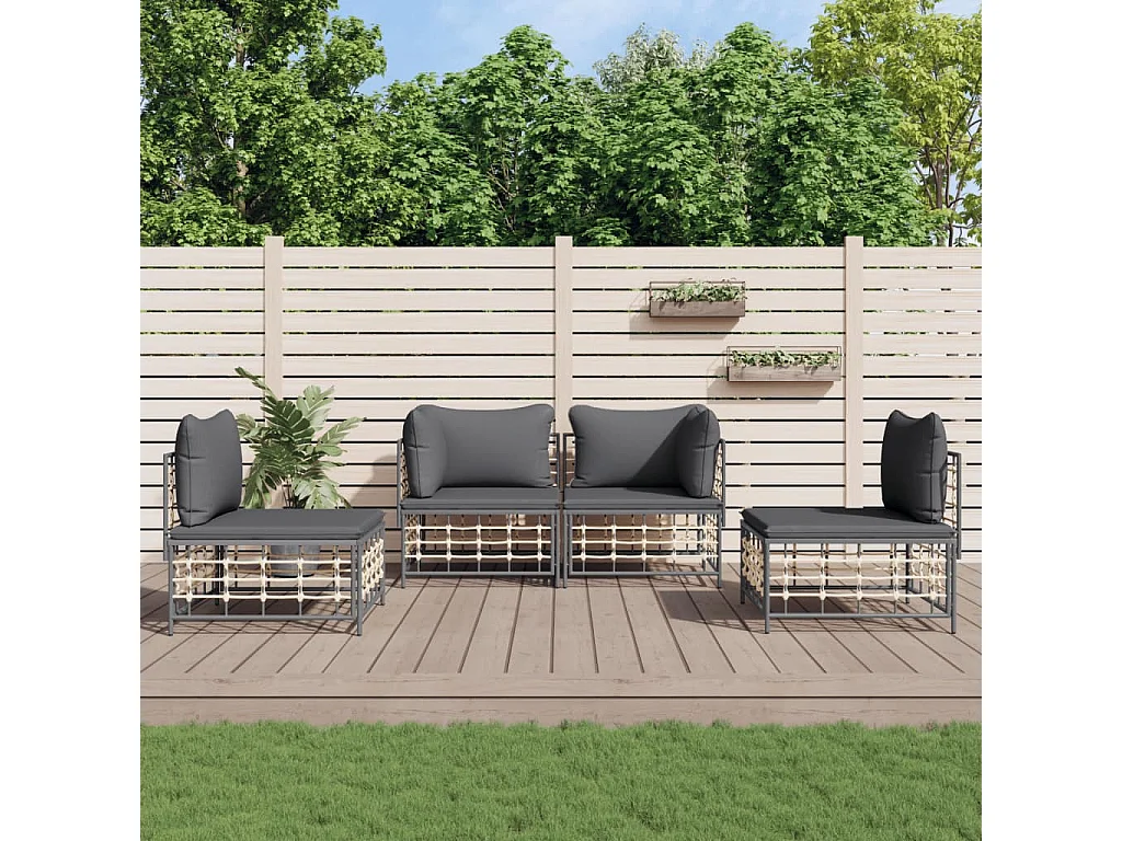 4-tlg. Garten-Lounge-Set mit Kissen Anthrazit Poly Rattan