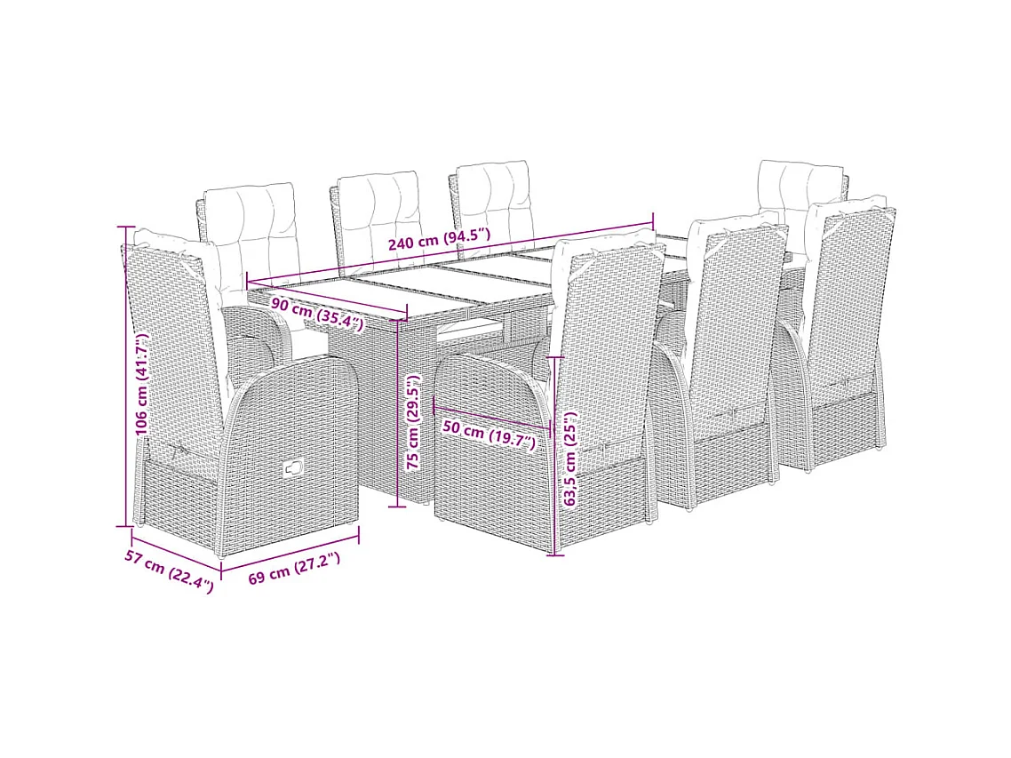 Ensemble à manger de jardin 9pcs coussins noir résine tressée