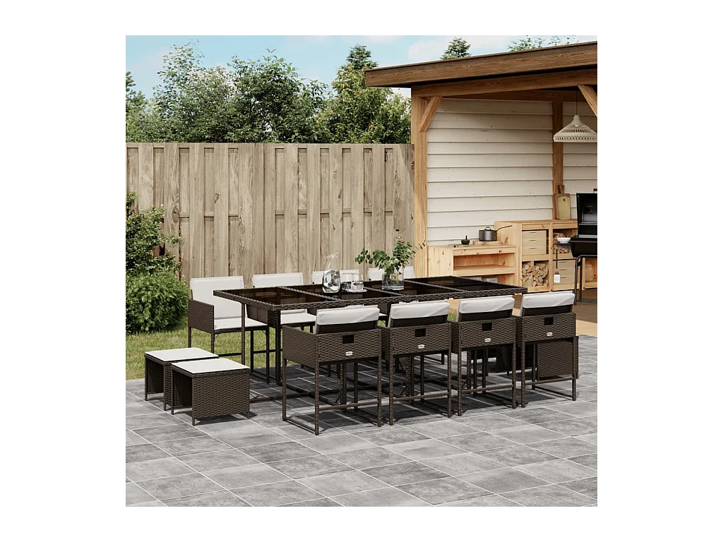 Ensemble à manger de jardin avec coussins 13 pcs marron rotin