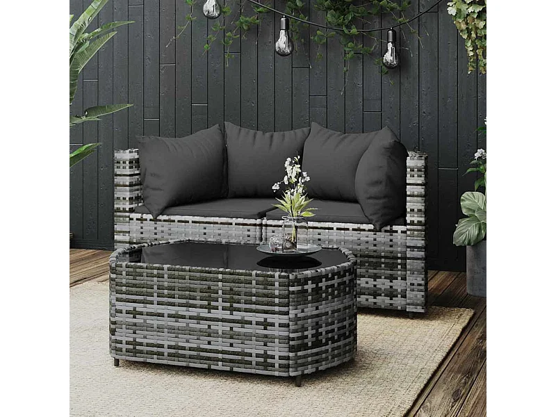 3-tlg. Garten-Lounge-Set mit Kissen Grau Poly Rattan