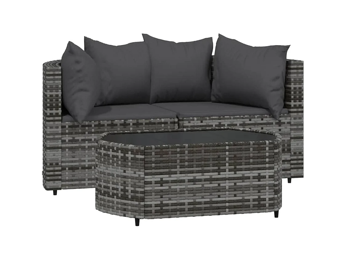 Salon de jardin 3 pcs avec coussins Gris Résine tressée