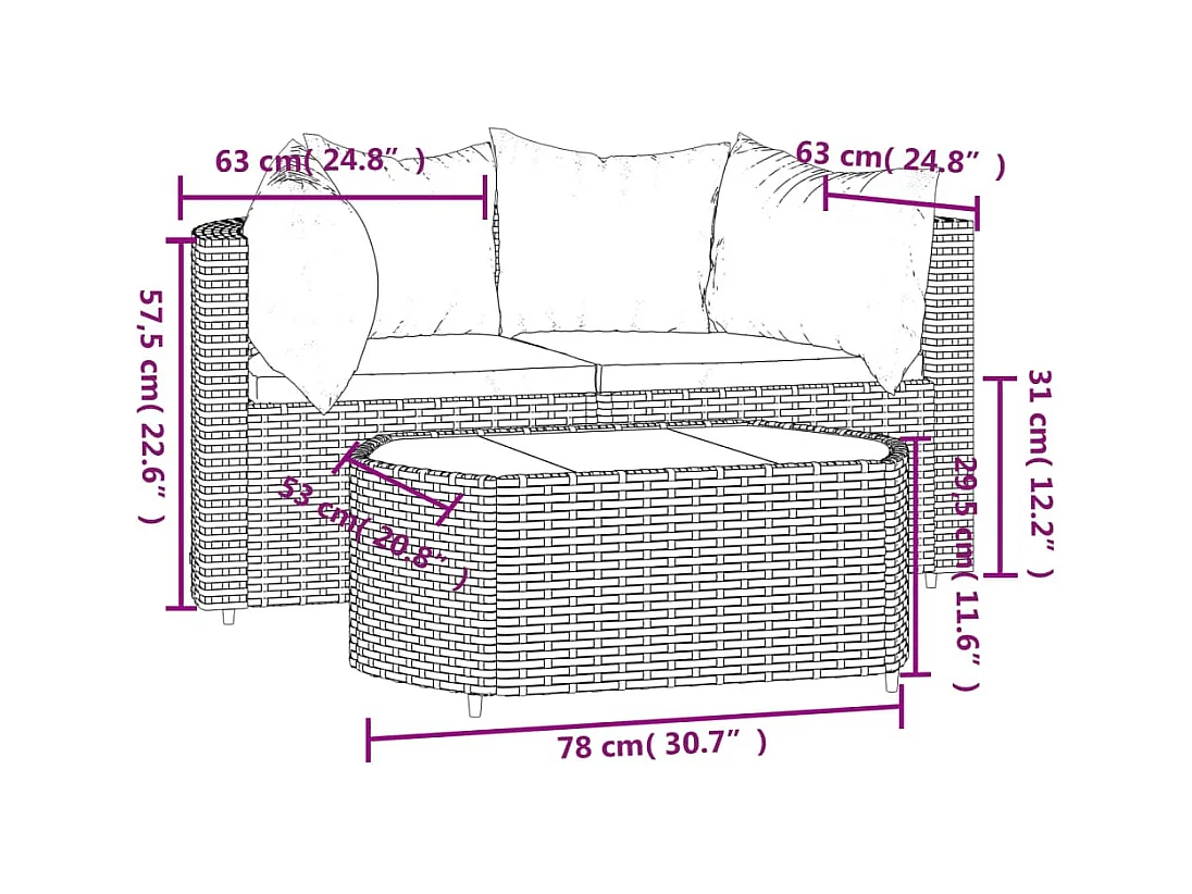 Salon de jardin 3 pcs avec coussins Gris Résine tressée