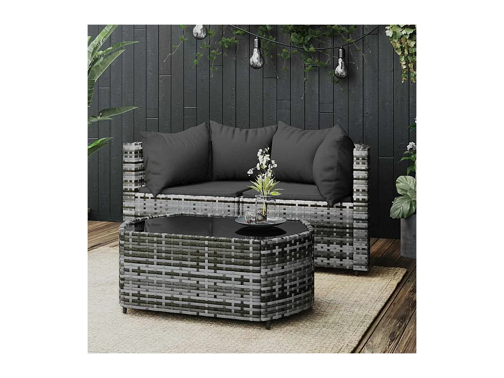 3-tlg. Garten-Lounge-Set mit Kissen Grau Poly Rattan