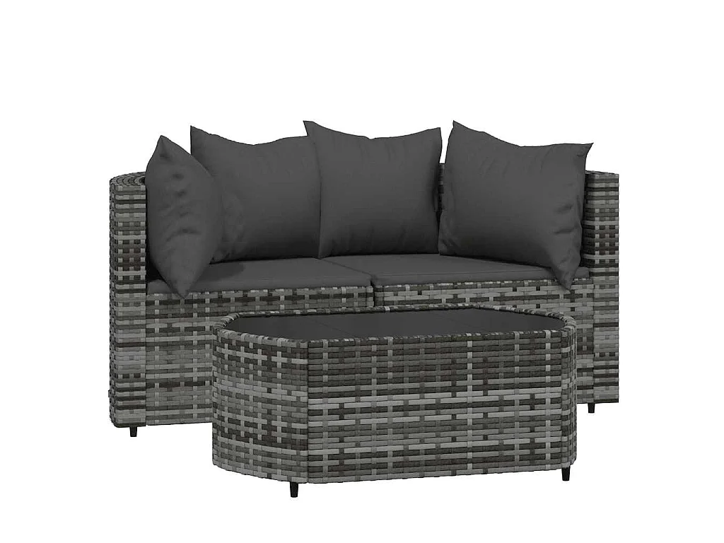 Salon de jardin 3 pcs avec coussins Gris Résine tressée