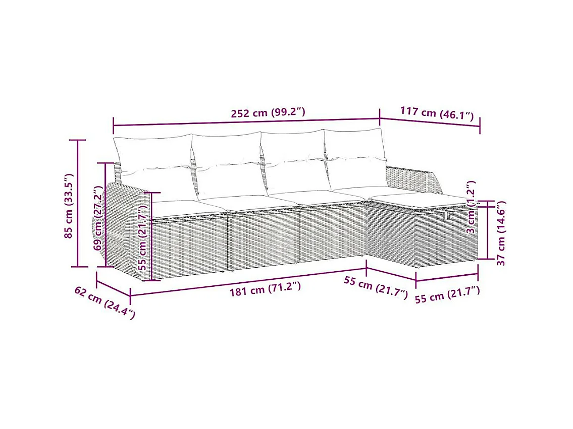 Salon de jardin 5 pcs avec coussins gris clair résine tressée
