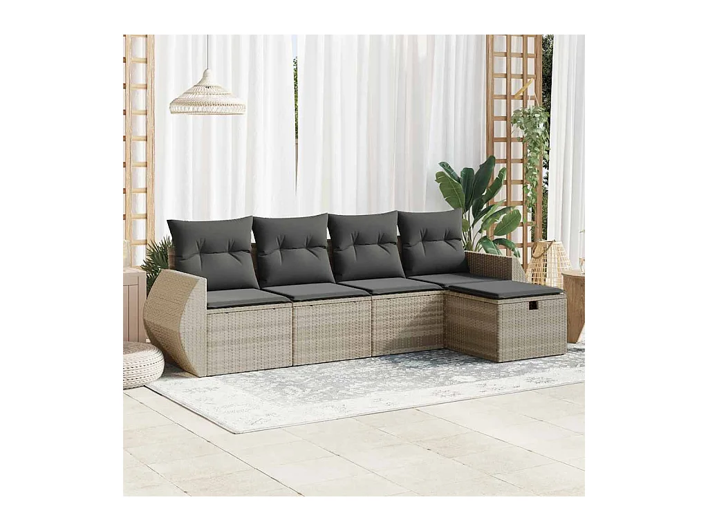 Set Divano da Giardino 5pz con Cuscini Grigio Chiaro Polyrattan