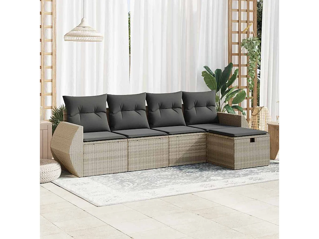 5-delige Loungeset met kussens poly rattan lichtgrijs