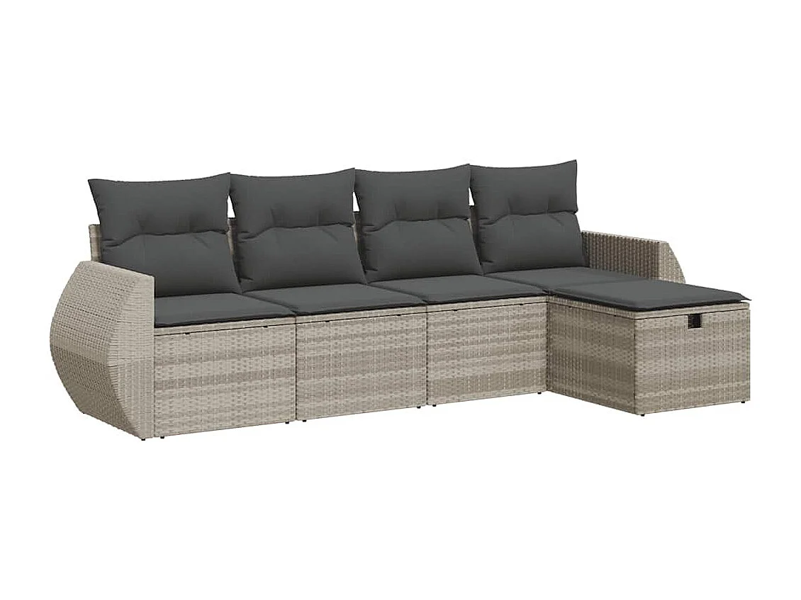 5-delige Loungeset met kussens poly rattan lichtgrijs