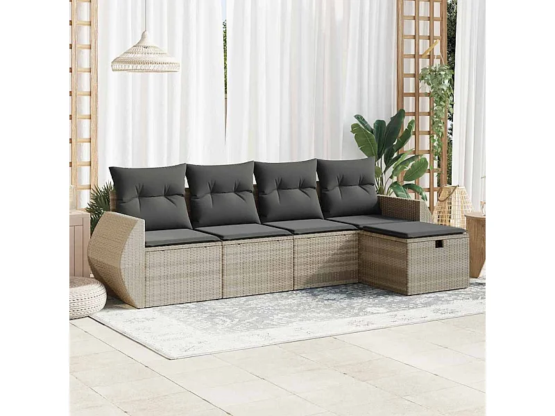 Salon de jardin 5 pcs avec coussins gris clair résine tressée