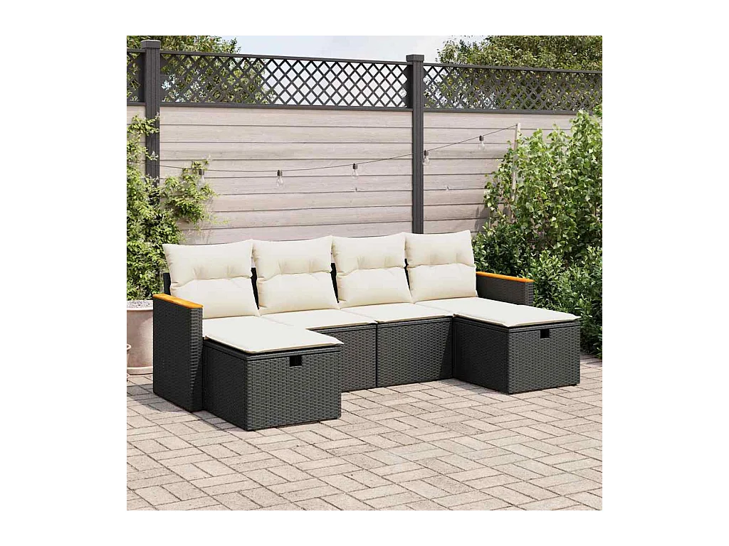 Salon de jardin 6 pcs avec coussins noir résine tressée