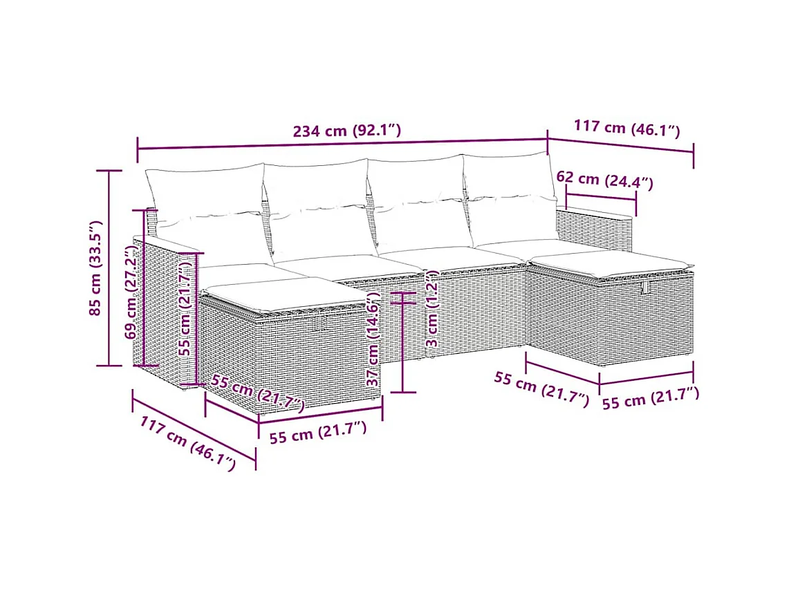 Salon de jardin 6 pcs avec coussins noir résine tressée