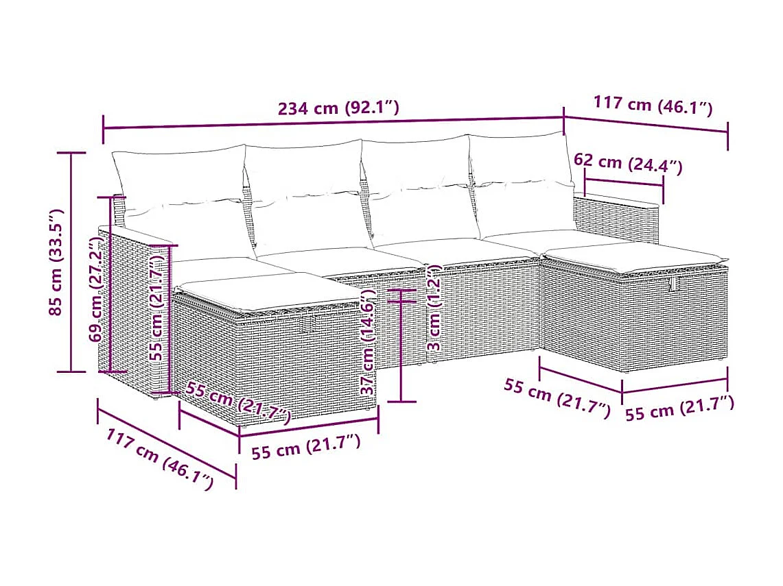 Set de sofás de jardín 6 piezas y cojines ratán sintético negro