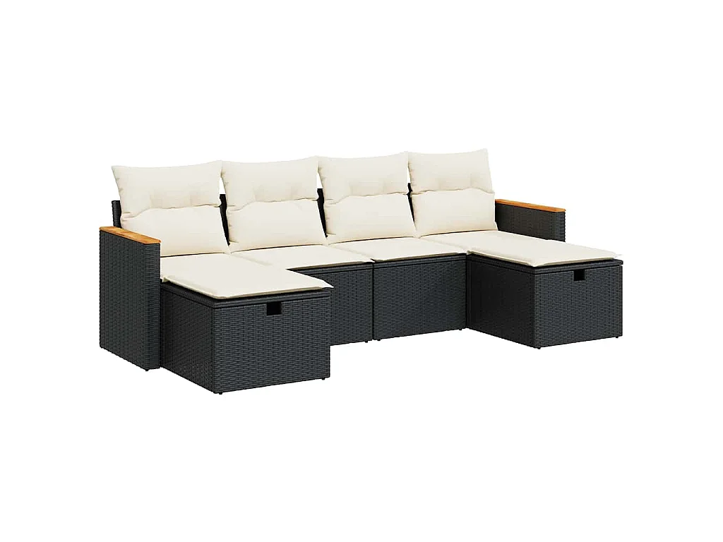 6-delige Loungeset met kussens poly rattan zwart