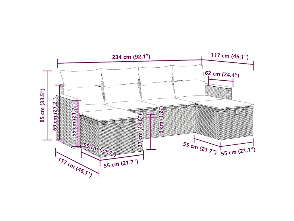6-delige Loungeset met kussens poly rattan zwart