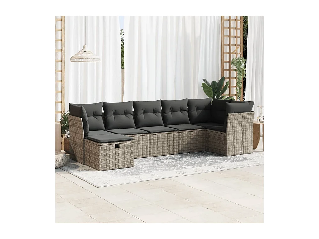 Set de sofás de jardín 7 pzas con cojines ratán sintético gris