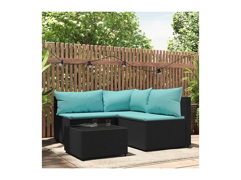 Salon de jardin 4 pcs avec coussins Noir Résine tressée