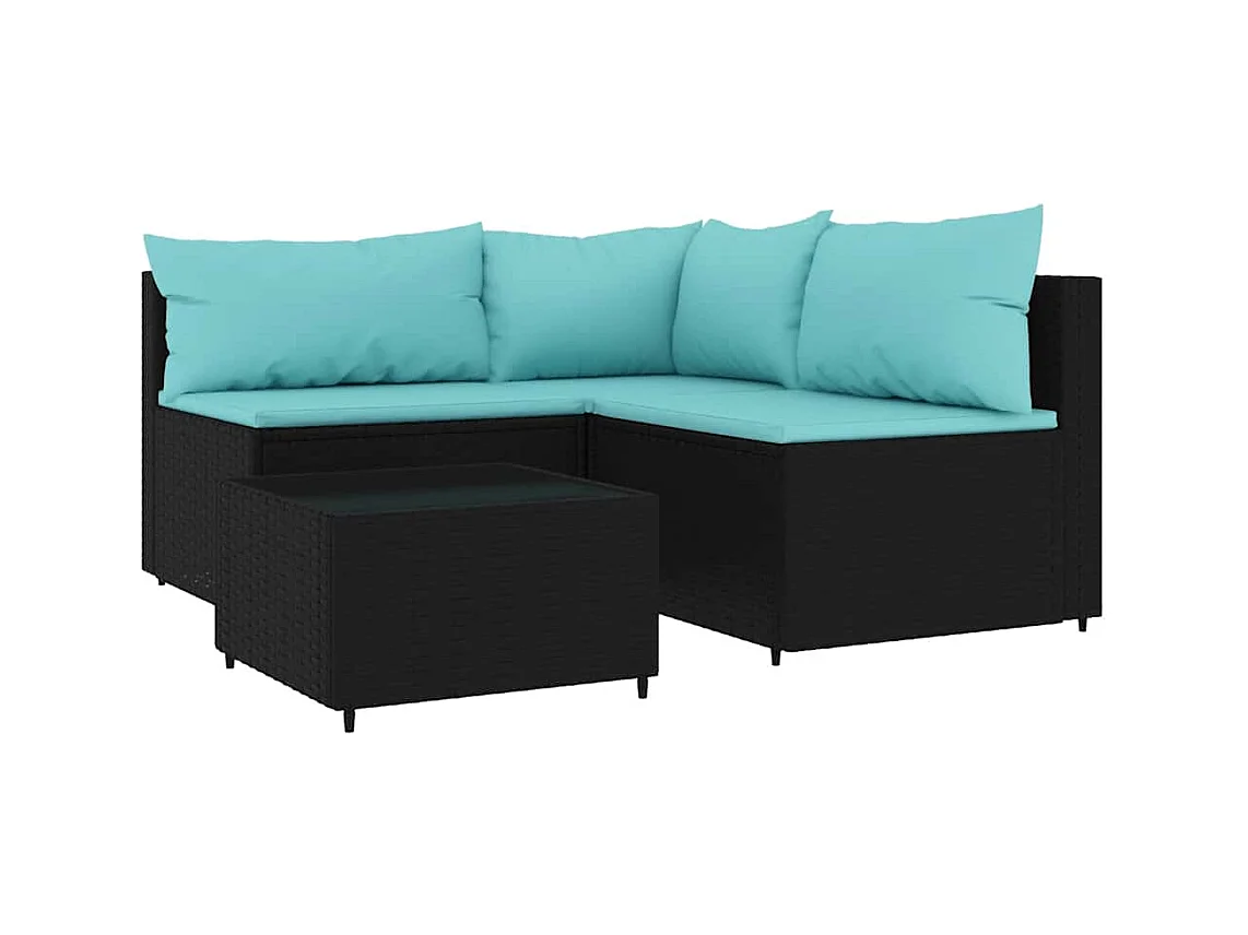 Salon de jardin 4 pcs avec coussins Noir Résine tressée