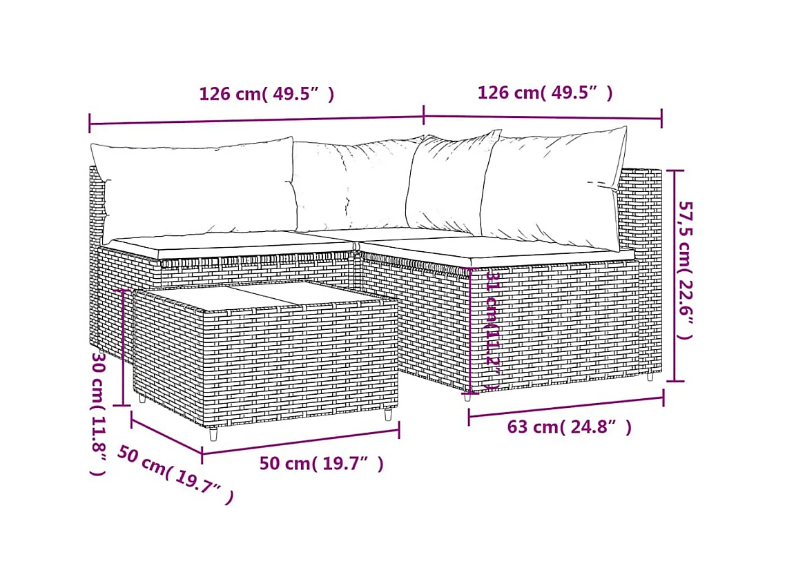 Salon de jardin 4 pcs avec coussins Noir Résine tressée