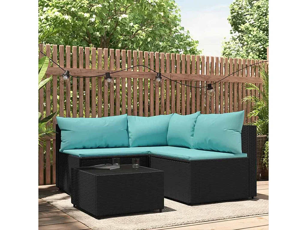 Salon de jardin 4 pcs avec coussins Noir Résine tressée