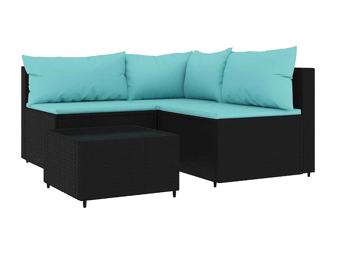 Salon de jardin 4 pcs avec coussins Noir Résine tressée