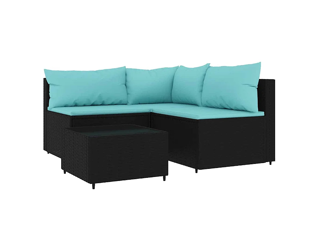 Salon de jardin 4 pcs avec coussins Noir Résine tressée