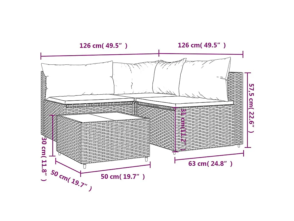 Salon de jardin 4 pcs avec coussins Noir Résine tressée