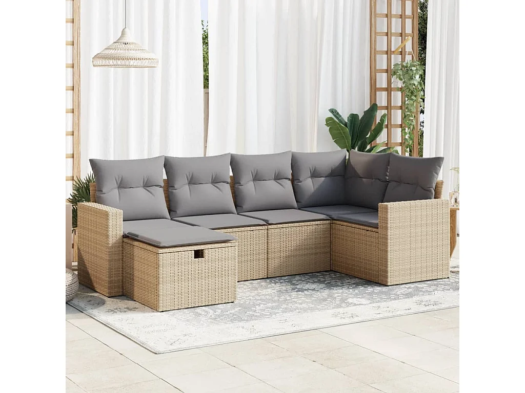 Salon de jardin avec coussins 6 pcs beige résine tressée