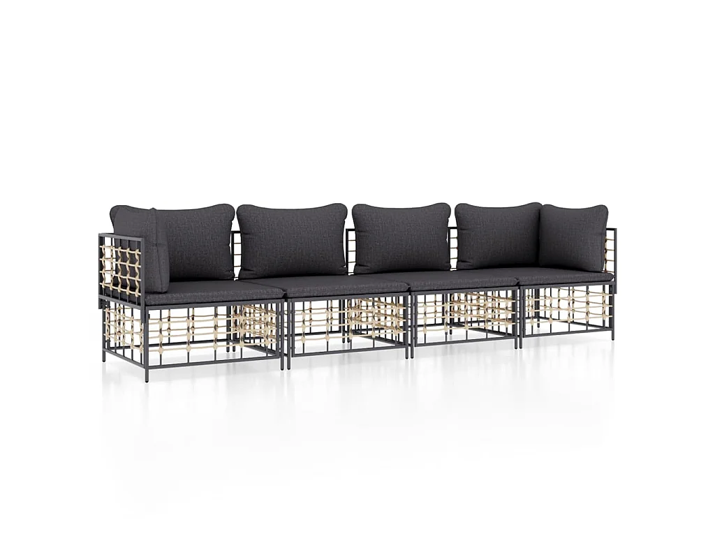 4 pcs conjunto lounge de jardim c/ almofadões vime PE antracite