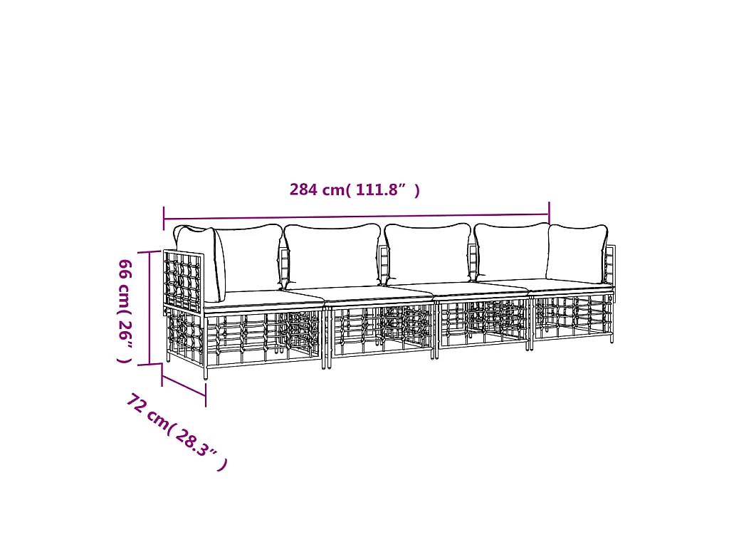 4 pcs conjunto lounge de jardim c/ almofadões vime PE antracite
