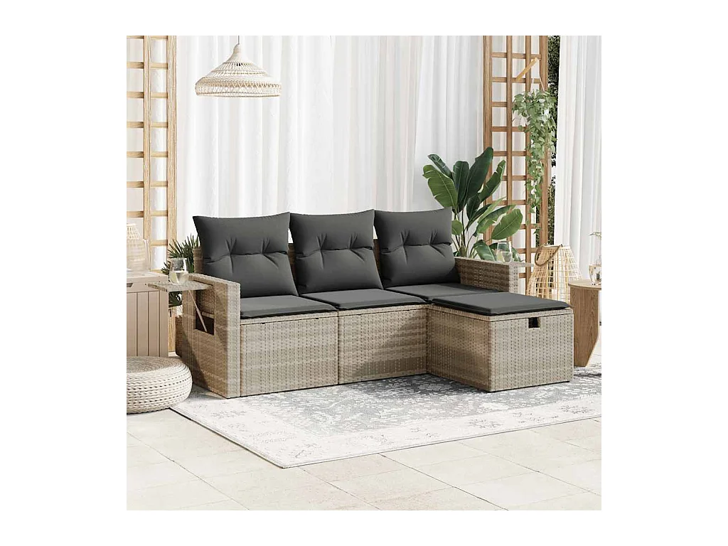 Salon de jardin 4 pcs avec coussins gris clair résine tressée