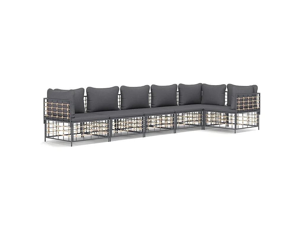 6 pcs conjunto lounge de jardim c/ almofadões vime PE antracite