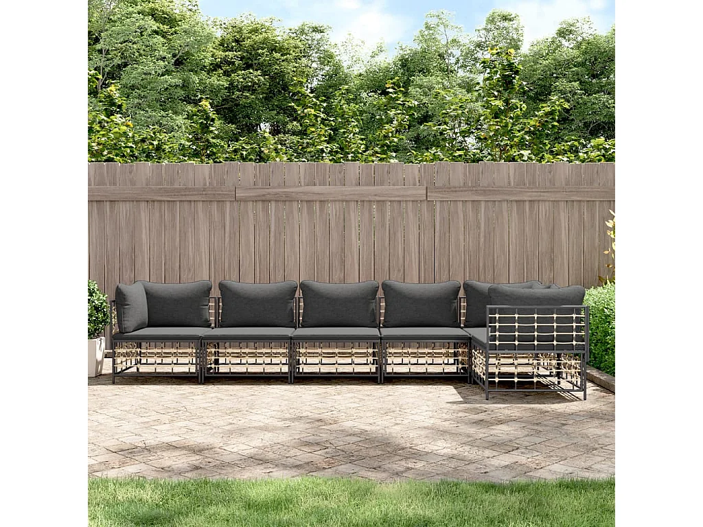 6 pcs conjunto lounge de jardim c/ almofadões vime PE antracite