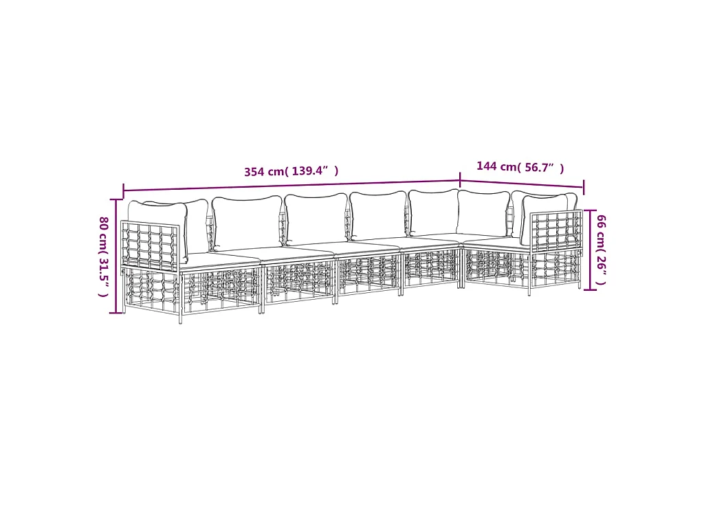 6 pcs conjunto lounge de jardim c/ almofadões vime PE antracite