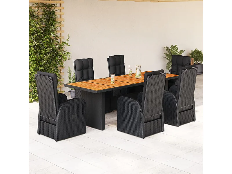Set da Pranzo da Giardino 7 pz Nero con Cuscini in Polyrattan