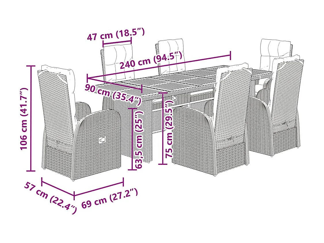 Ensemble à manger de jardin coussins 7 pcs noir résine tressée