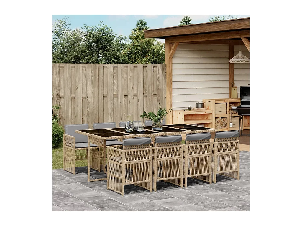 9-delige Tuinset met kussens poly rattan gemengd beige