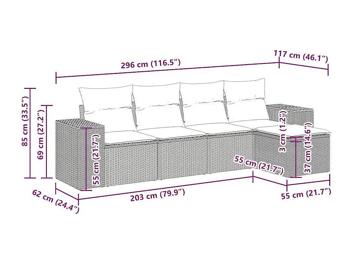 5-delige Loungeset met kussens poly rattan zwart