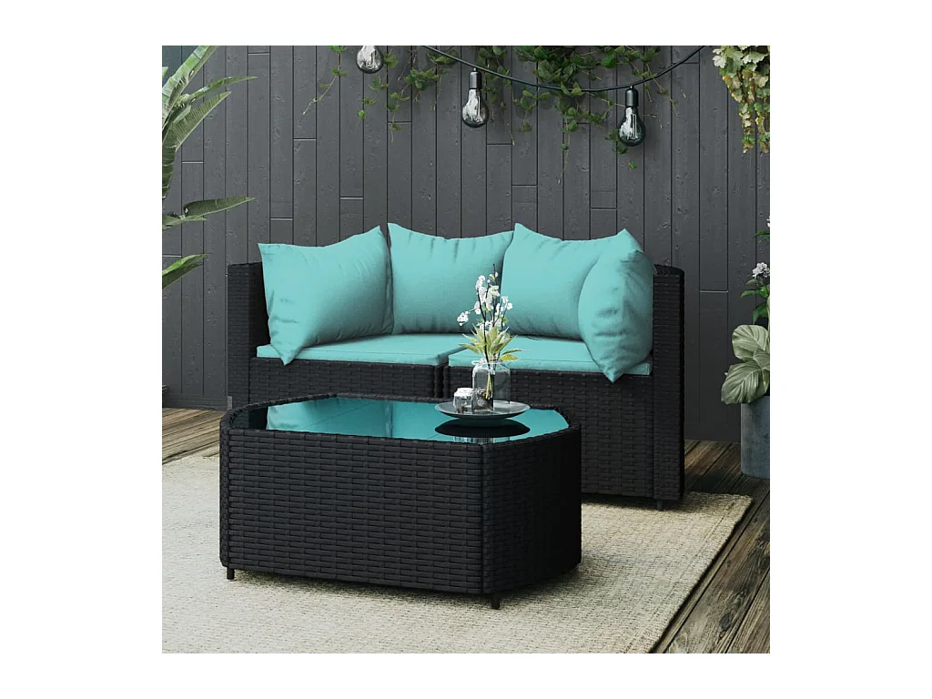 Salon de jardin 3 pcs avec coussins Noir Résine tressée