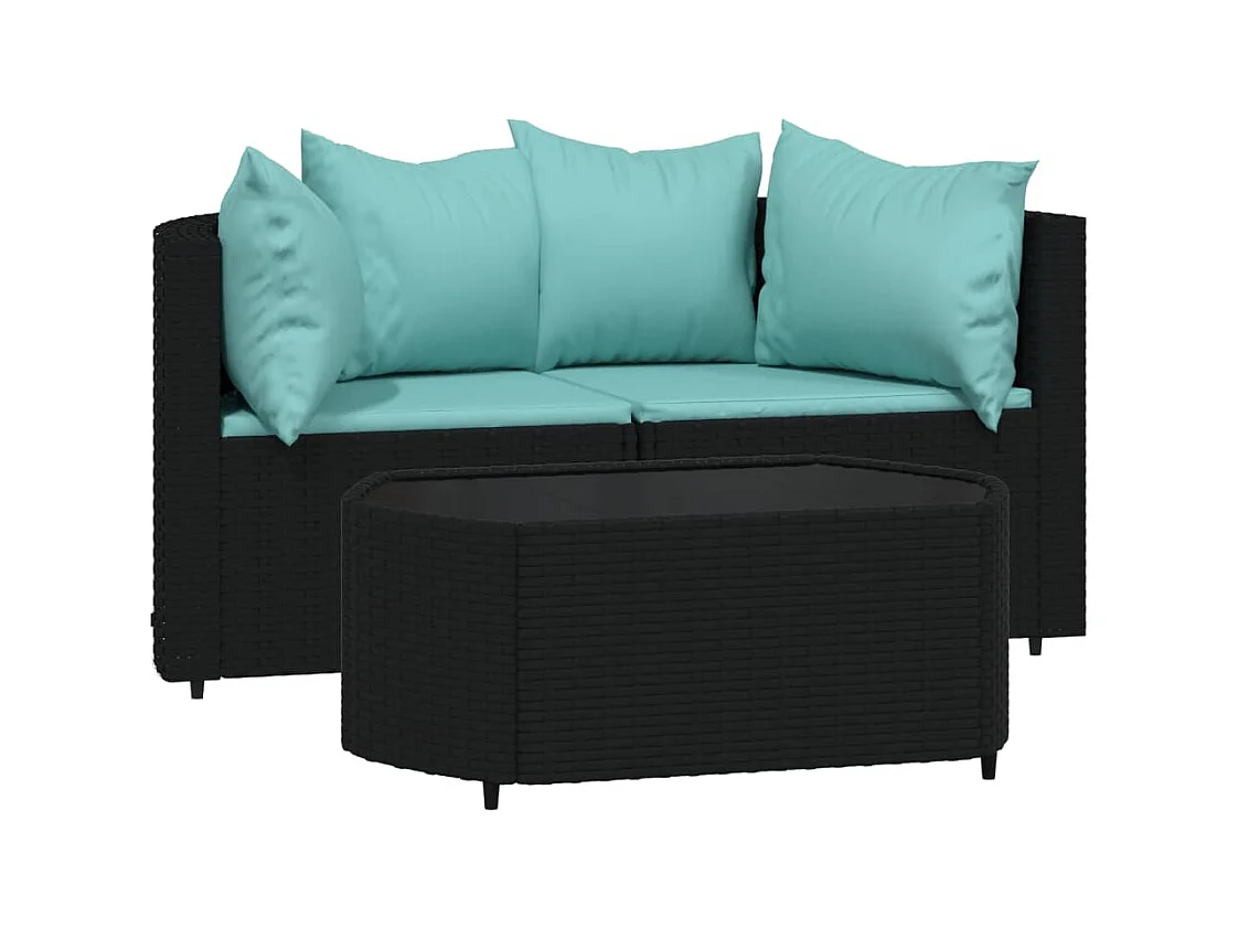 Salon de jardin 3 pcs avec coussins Noir Résine tressée