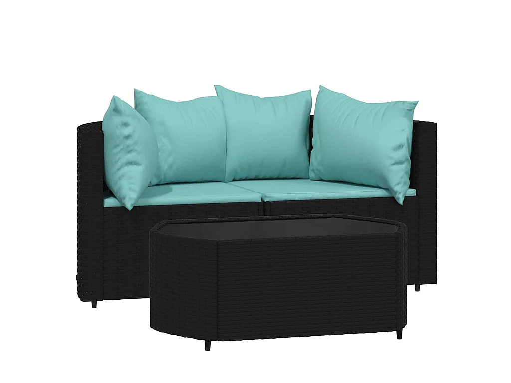 Salon de jardin 3 pcs avec coussins Noir Résine tressée