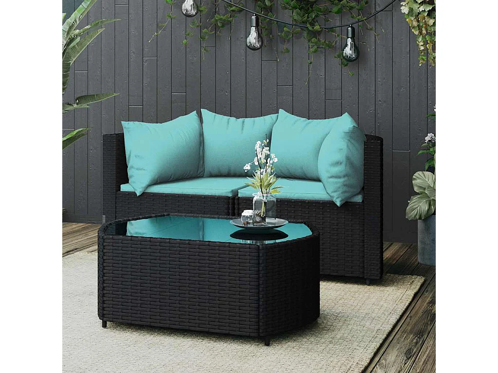 Salon de jardin 3 pcs avec coussins Noir Résine tressée