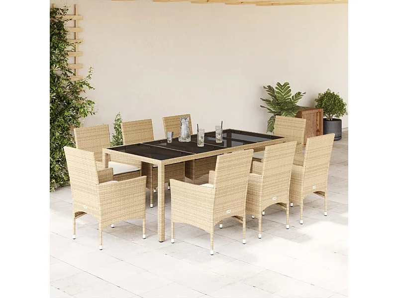 Ensemble à manger de jardin et coussins 9 pcs beige rotin verre