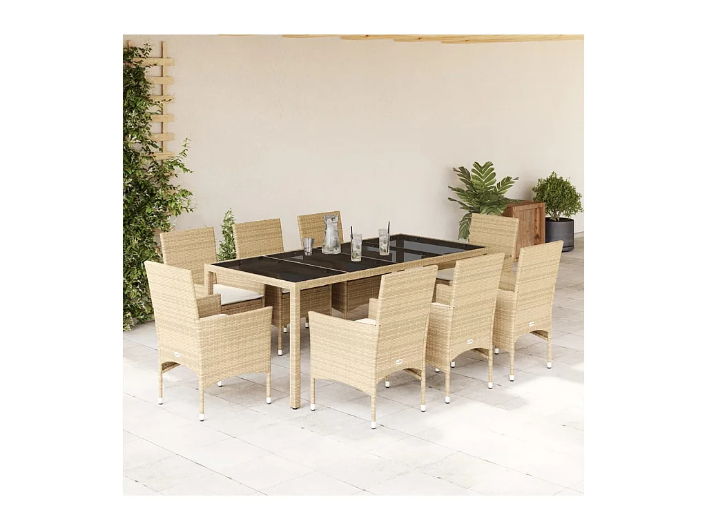 9-tlg. Garten-Essgruppe mit Kissen Beige Poly Rattan Glas