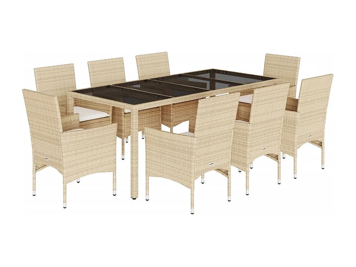 9-delige Tuinset met kussens poly rattan en glas beige