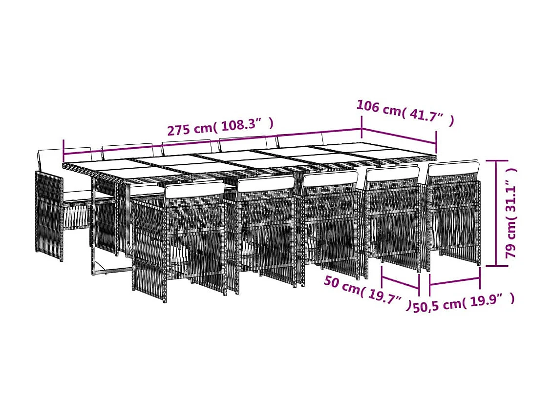 11 pcs conjunto jantar p/ jardim c/ almofadões vime PE castanho