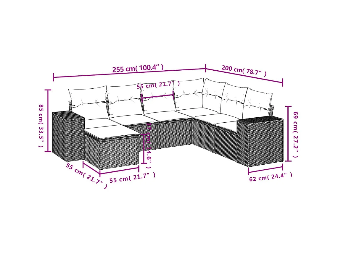 7-delige Loungeset met kussens poly rattan bruin
